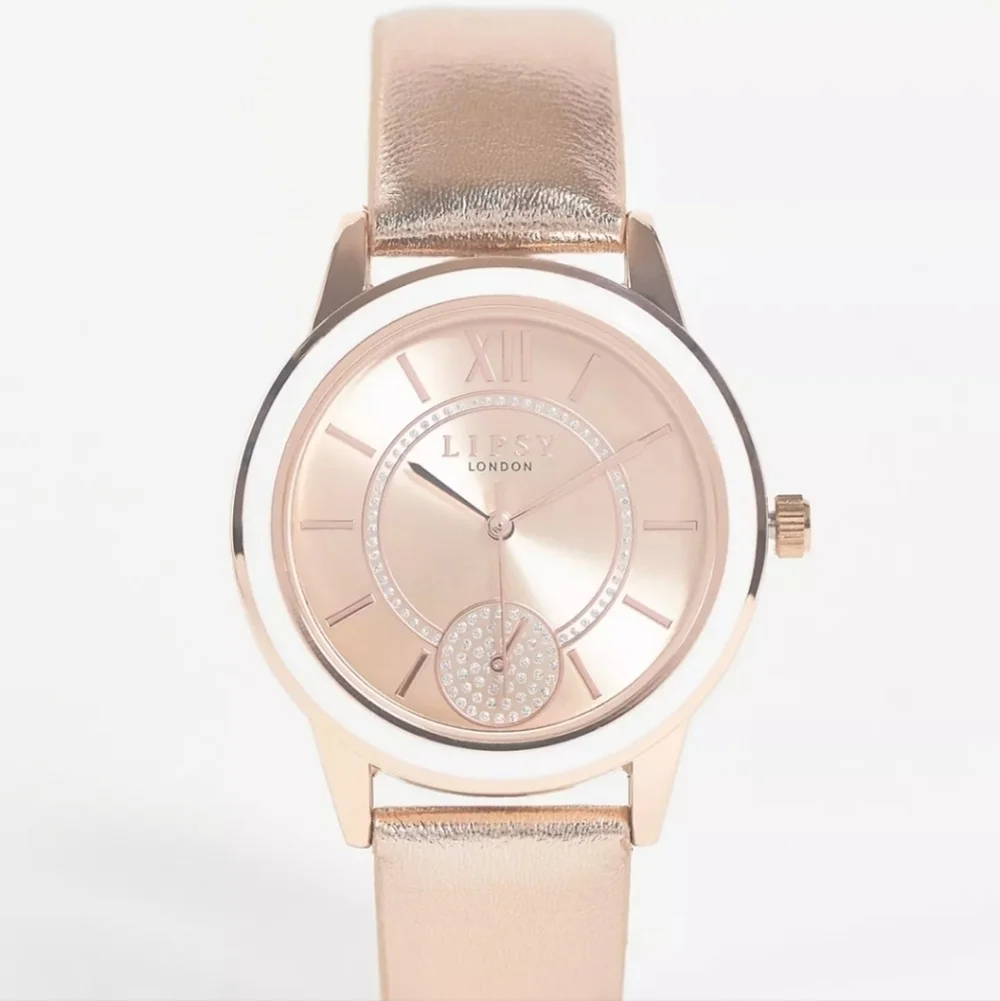 LIPSY | Leather Strap Watch w/ Rhinestone Face Detail in Rose Gold
